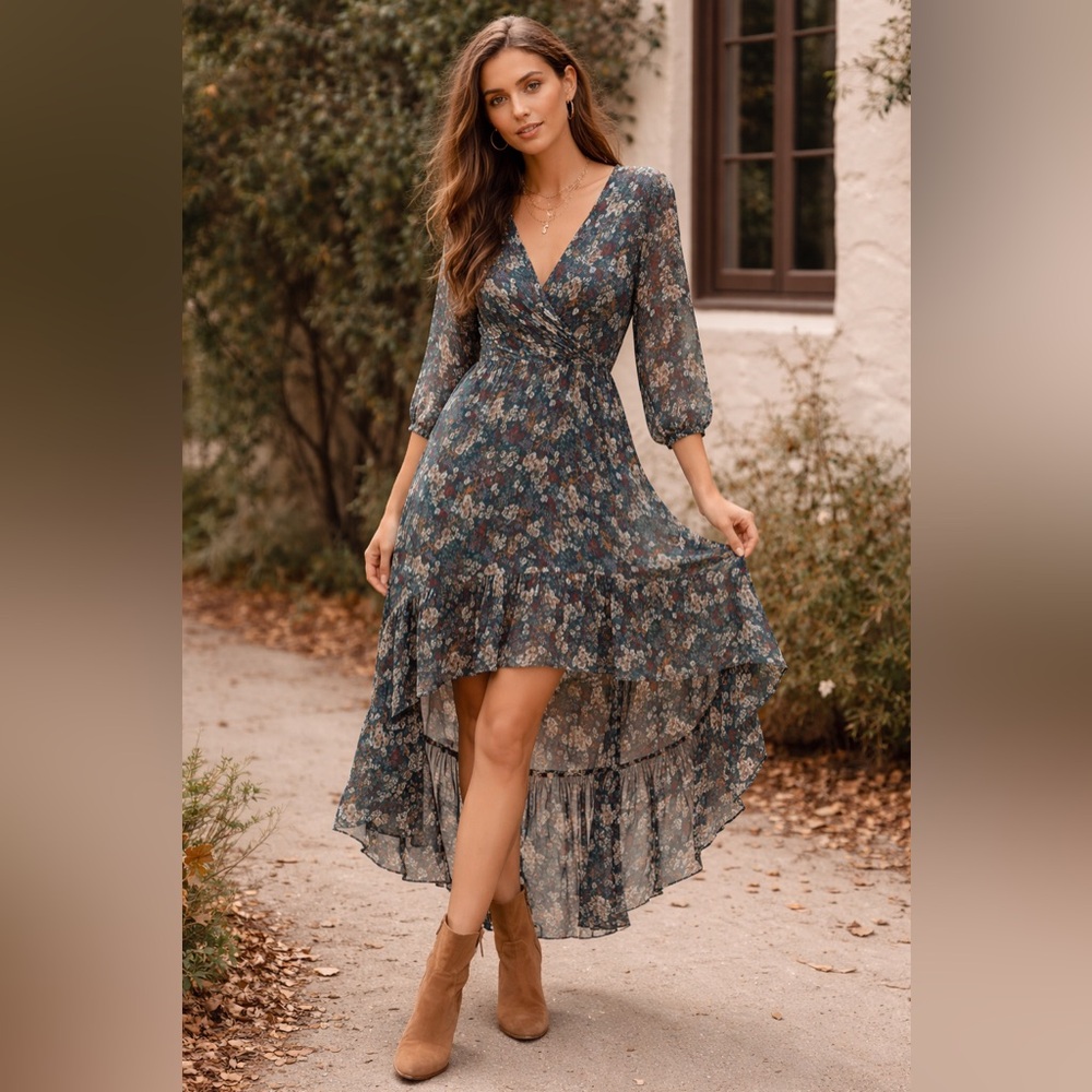 Elena Baldi Woman Silk Viscose Italy Made Floral Hi-Low Dress Boho Cottage Sz S